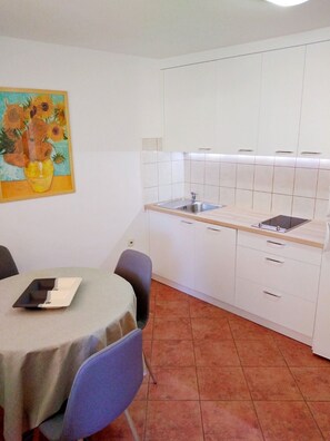 Fridge, microwave, dishwasher, cookware/dishes/utensils