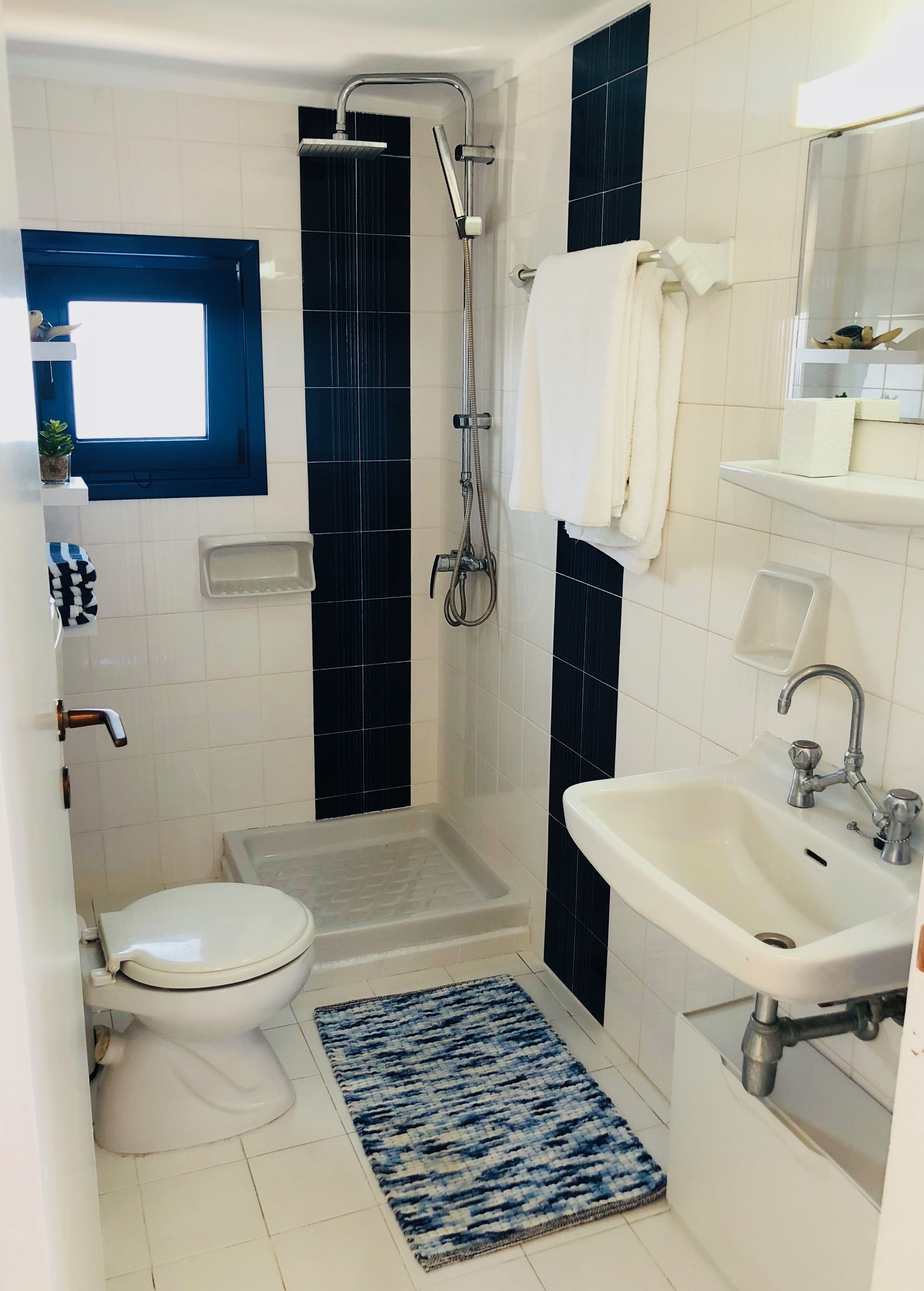 Un baño con inodoro, ducha, lavamanos y una alfombra azul y blanca.