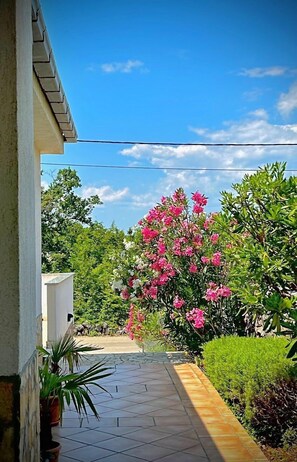 Stroll through the serene garden, surrounded by vibrant flowers and neatly trimmed hedges.