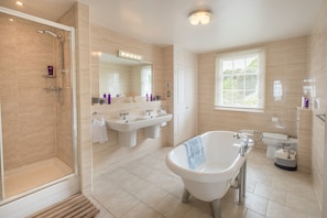 Bathtub, hair dryer, towels, soap