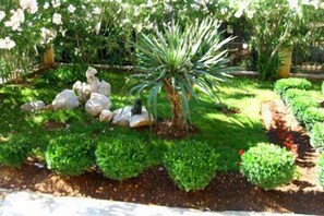Stunning garden oasis with a central tree, surrounded by lush greenery and vibrant flowers.