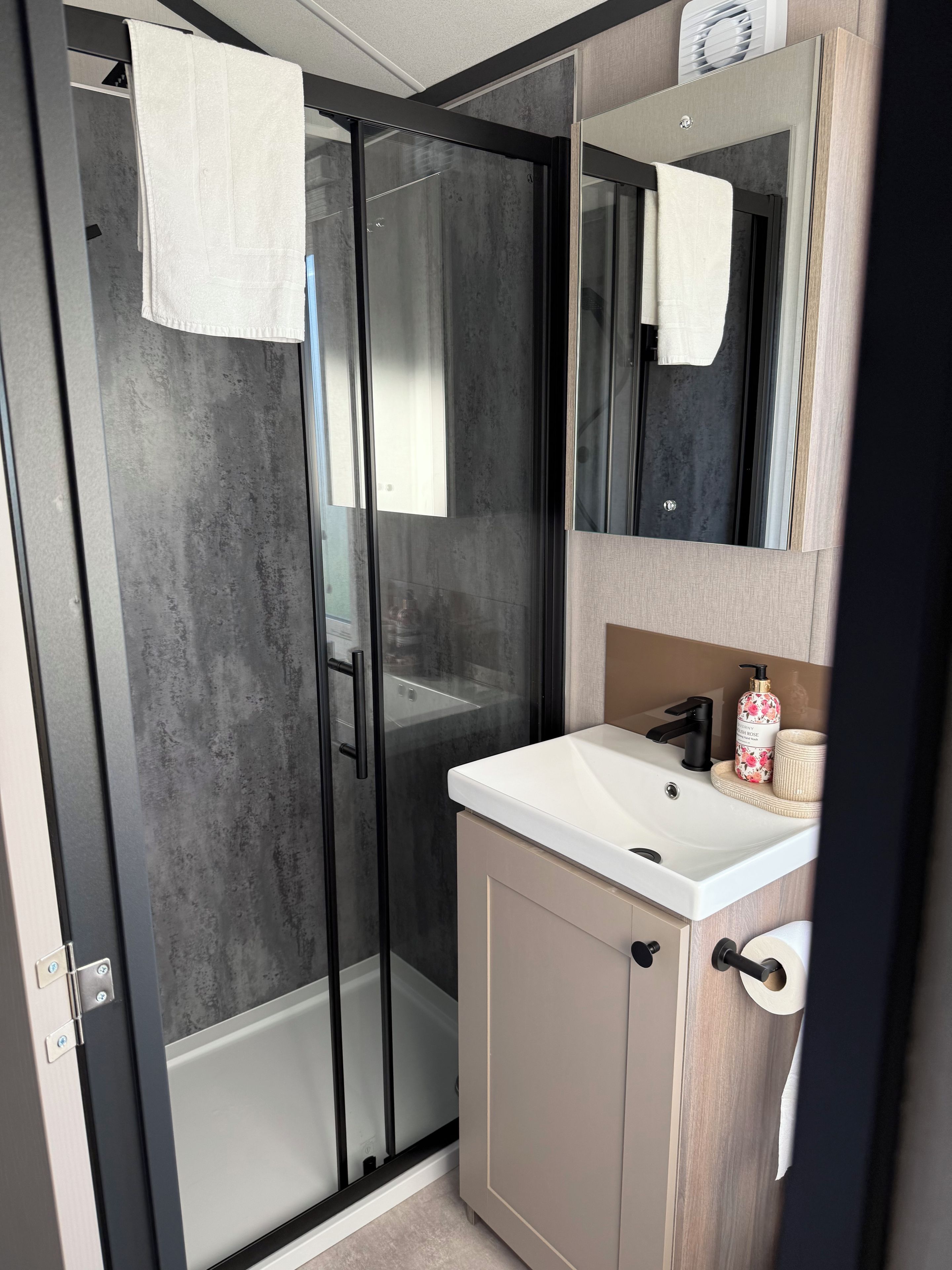 A modern bathroom with a glass shower enclosure, a white sink, and a mirror above it.