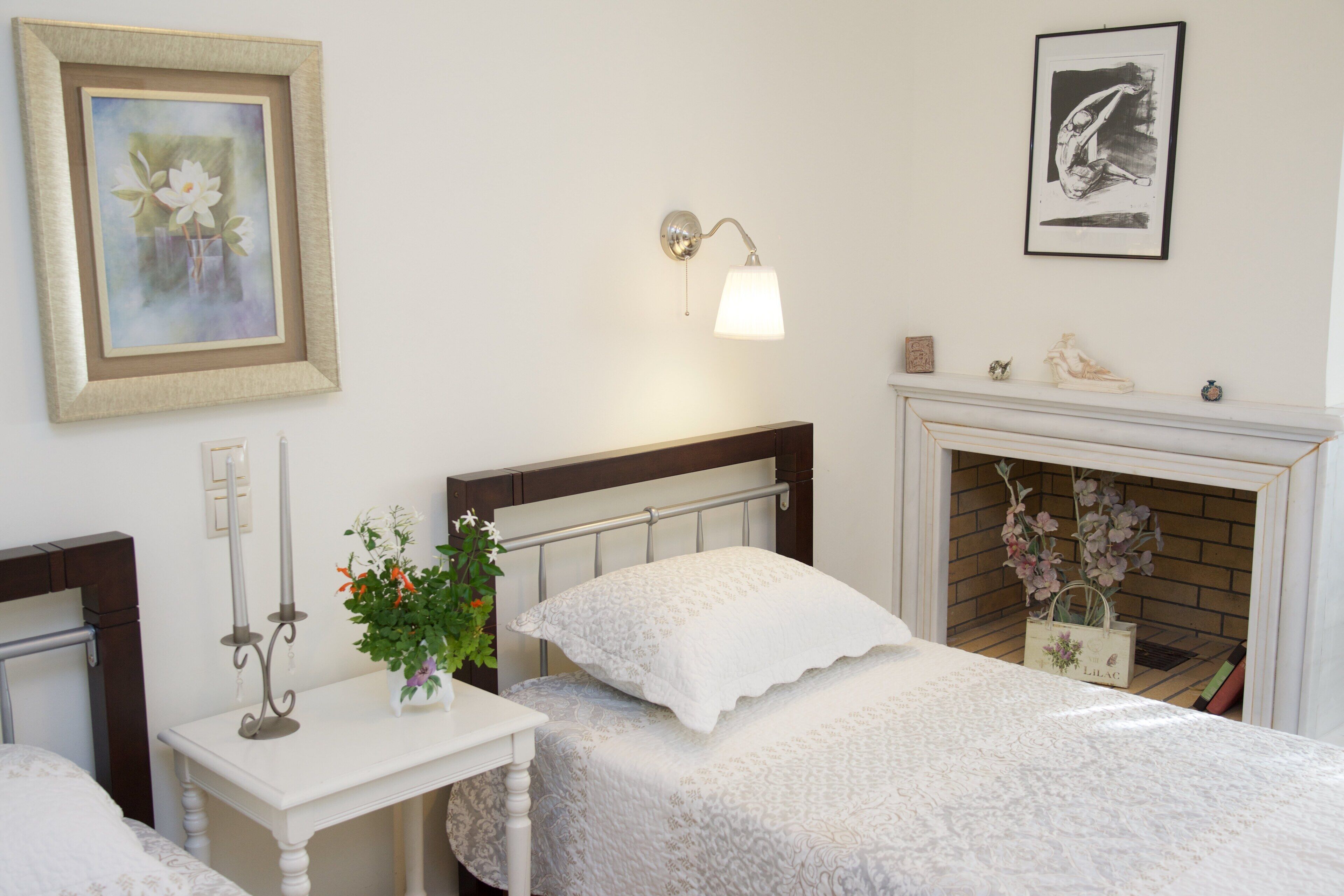 A bedroom with a bed, bedside tables, a nightstand, a wall-mounted lamp, a framed picture, and a fireplace.