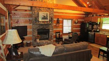 Cabin, 1 King Bed (Bear View) | Living room | Fireplace