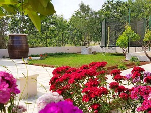 Stroll through a serene garden featuring a variety of colorful blooms and a rustic barrel.