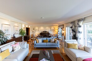 Smart TV, fireplace, books, offices
