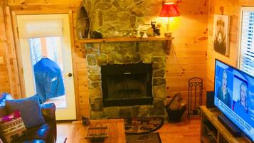 Cabin, 2 Queen Beds (Mountain Bliss) | Living area | TV, fireplace
