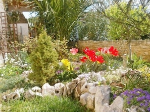 Stroll through this serene garden, surrounded by vibrant blooms and a natural stone wall.