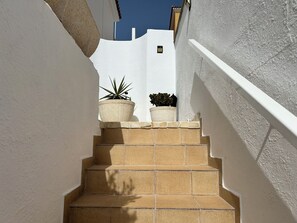 A narrow stairway with beige steps leading upwards, flanked by white walls and a small potted plant at the top.