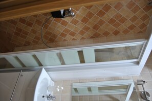Shower, hair dryer, towels