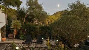 An outdoor seating area with chairs and tables, surrounded by various plants and trees, under a clear sky with a visible moon. - Fab modern garden apartment in idyllic hamlet in natural park. Lovely terraces. (Barbate)