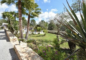 Stroll through the serene garden, surrounded by lush palm trees, flowering shrubs, and a majestic agave plant.