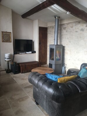 Een televisie, een open haard, een dvd-speler en boeken