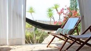 A hammock chair with a striped cushion, positioned near a window with sheer curtains, overlooking a garden with palm trees and flowering plants.