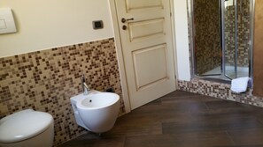 Shower, hair dryer, bidet, towels
