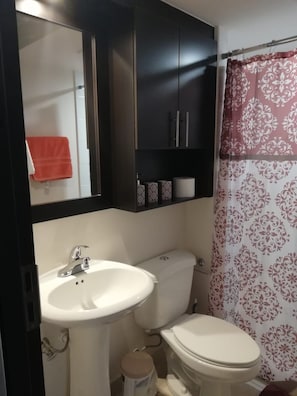 Ein Badezimmer mit einem weißen Waschbecken, einer Toilette, einem dunklen Schrank und einem waschraumtypischen Vorhang mit Muster.