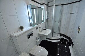 Bathtub, hair dryer, towels, toilet paper