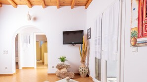 Een moderne woonkamer met een flatscreen televisie aan de muur, een stenen open haard, een potplant en een groot raam met uitzicht.