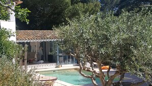 A pool area with a pergola, surrounded by olive trees and a small garden.
