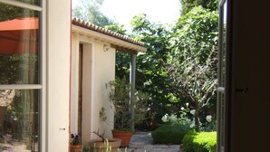 A view through a window of a room with a stone pathway leading to a garden. - Provence-Charming house with garden and swimming pool, up to 10 people (Sainte-Cécile-les-Vignes)