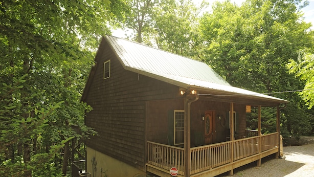 Een houten blokhut met een veranda, omringd door bomen.