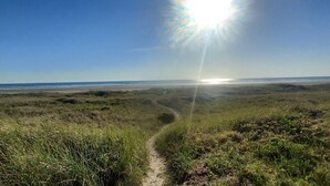 Ein Küstenpfad führt zum Strand, der Himmel ist klar und die Sonne scheint.