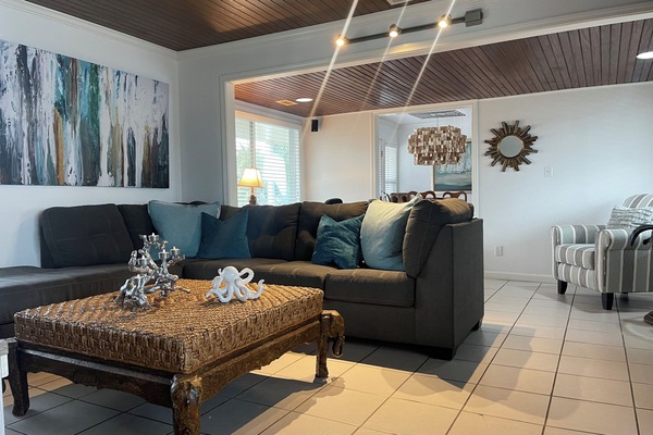 Smart TV, caminetto, lettore DVD, libri