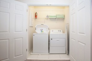 - Enjoy the convenience of an in home washer & dryer, perfect for extended stays
- Stocked with fresh linens, laundry essentials, and an ironing board for easy care
- Tucked away space designed to keep your wardrobe fresh and your trip worry free