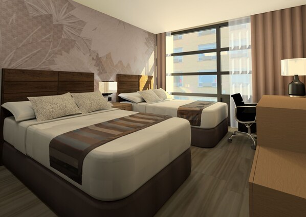 Habitación de hotel con dos camas, un escritorio y una silla.