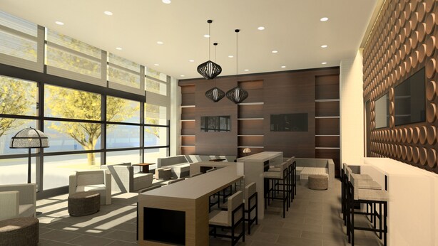Een modern interieur met een lange toonbank, een zithoek en grote ramen met uitzicht.