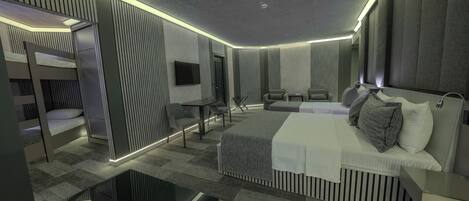 Una habitación de hotel moderna con una cama litera, un televisor de pantalla plana, un sofá, una mesita de centro y una mesita de noche.