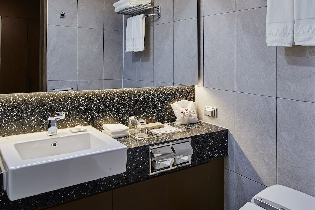 hair dryer, bathrobes, slippers, bidet