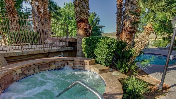 Un jacuzzi rodeado de palmeras y una piscina.