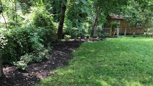 Un jardin bien entretenu, agrémenté de divers arbustes et d’une pelouse.