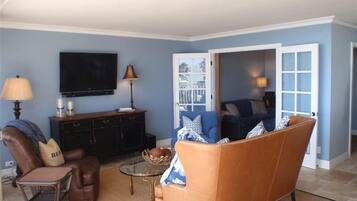 Flat-screen TV, video games, DVD player, books