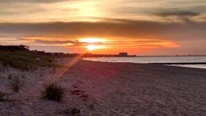 En la playa, camastros y toallas de playa 
