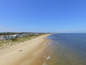On the beach, sun-loungers, beach towels