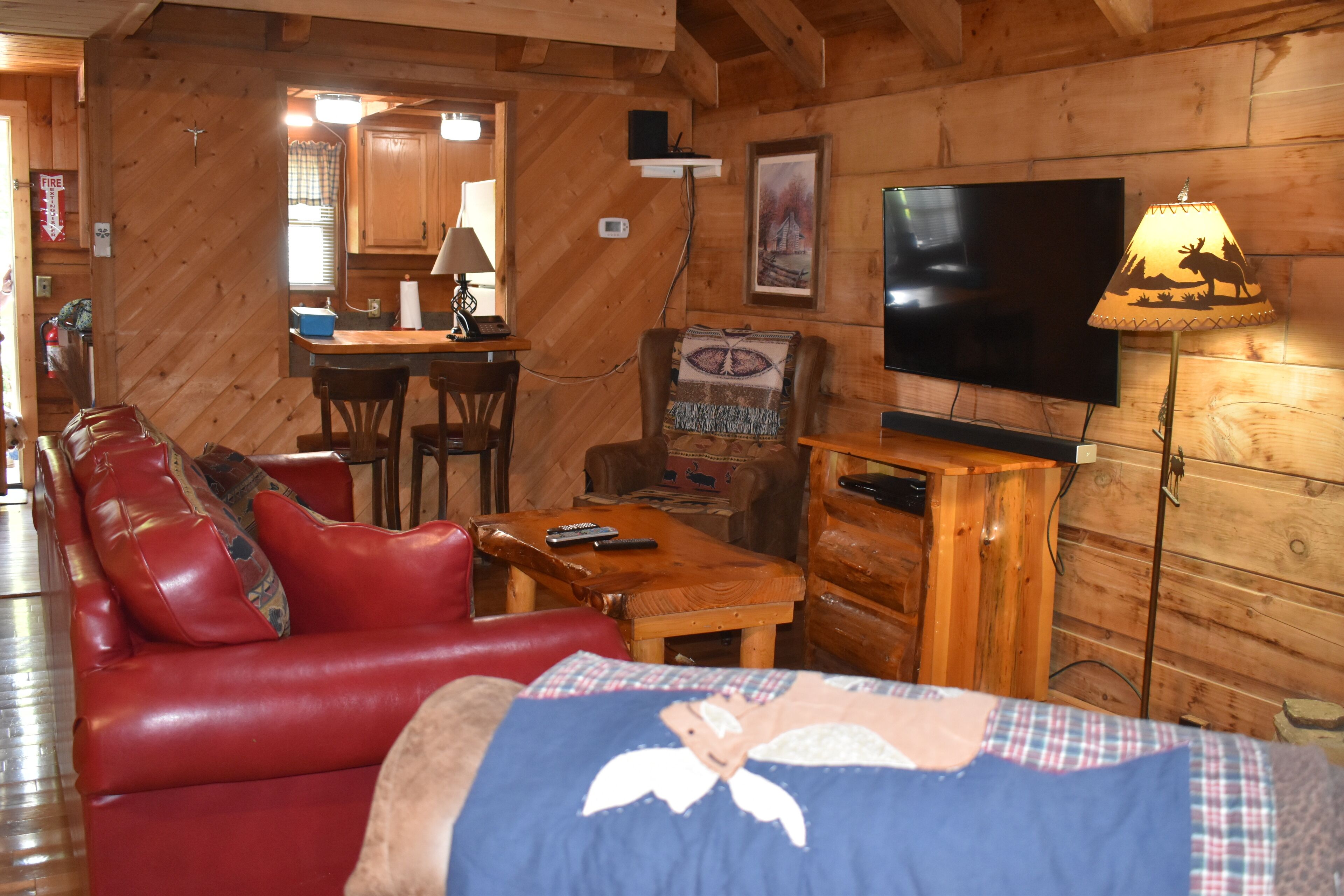 Een gezellig interieur van een chalet met een rode leren bank, een houten eettafel, een televisie en een lamp.