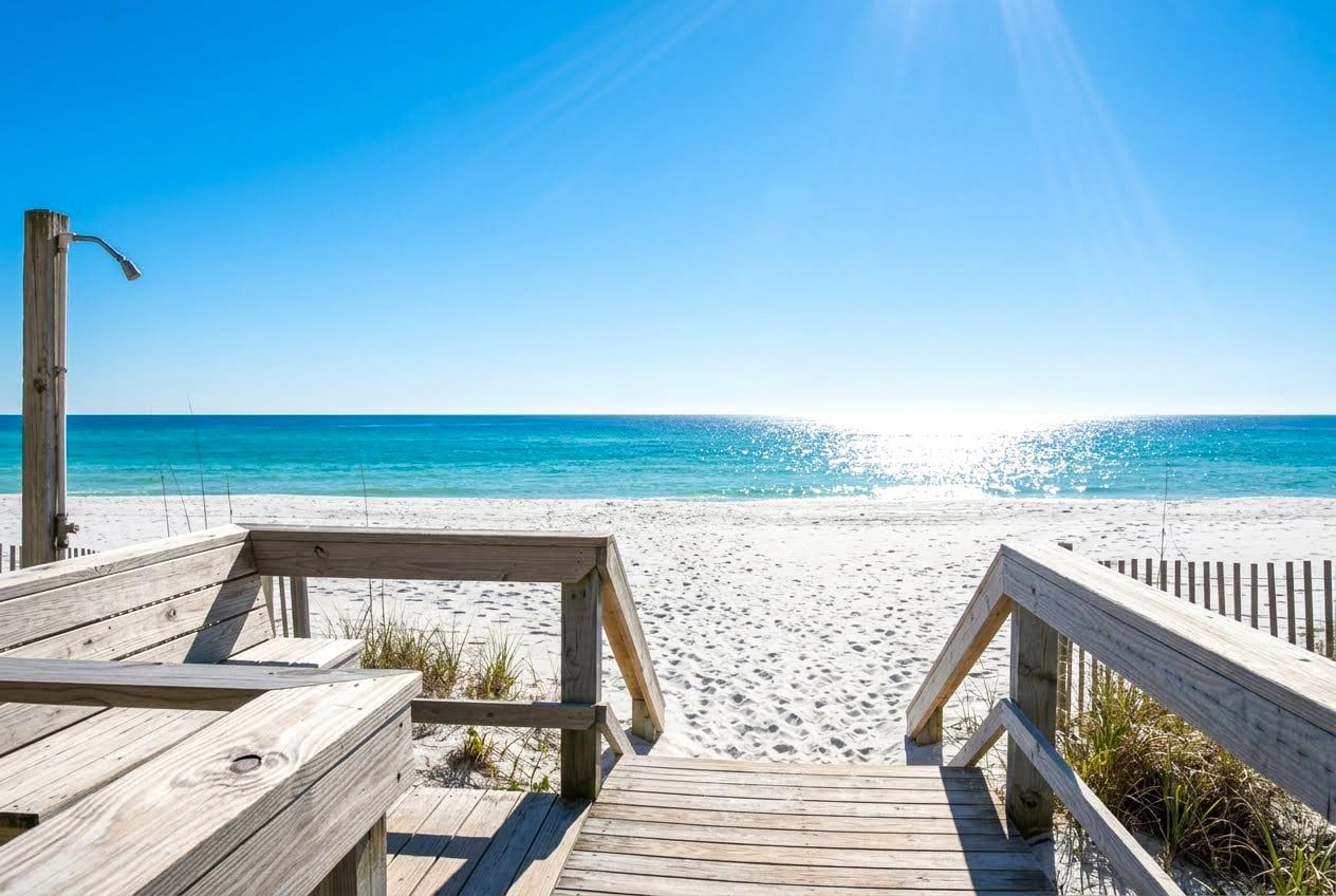 A wooden boardwalk leading to a sandy beach with clear blue water.