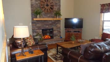 Smart TV, fireplace, books