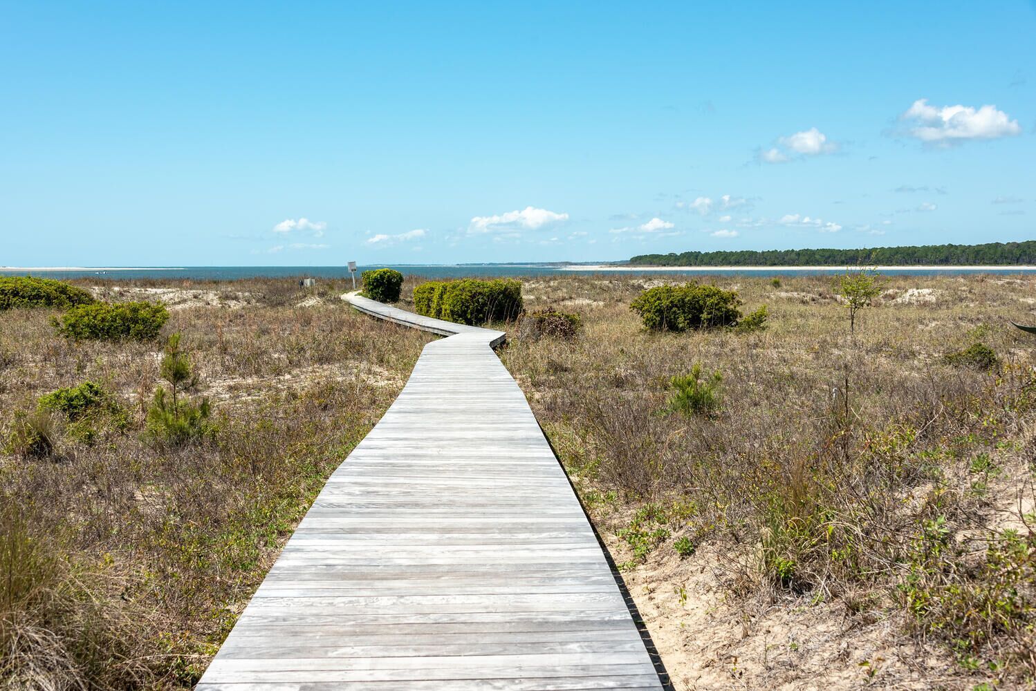 A wooden boardwalk leading to a beach with sparse vegetation and a clear sky.