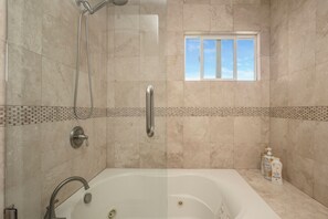 Hair dryer, towels, soap, shampoo