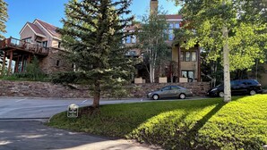 Un quartier résidentiel avec un mur en pierre, un grand arbre à feuilles persistantes et une maison à deux étages dotée d’un balcon.