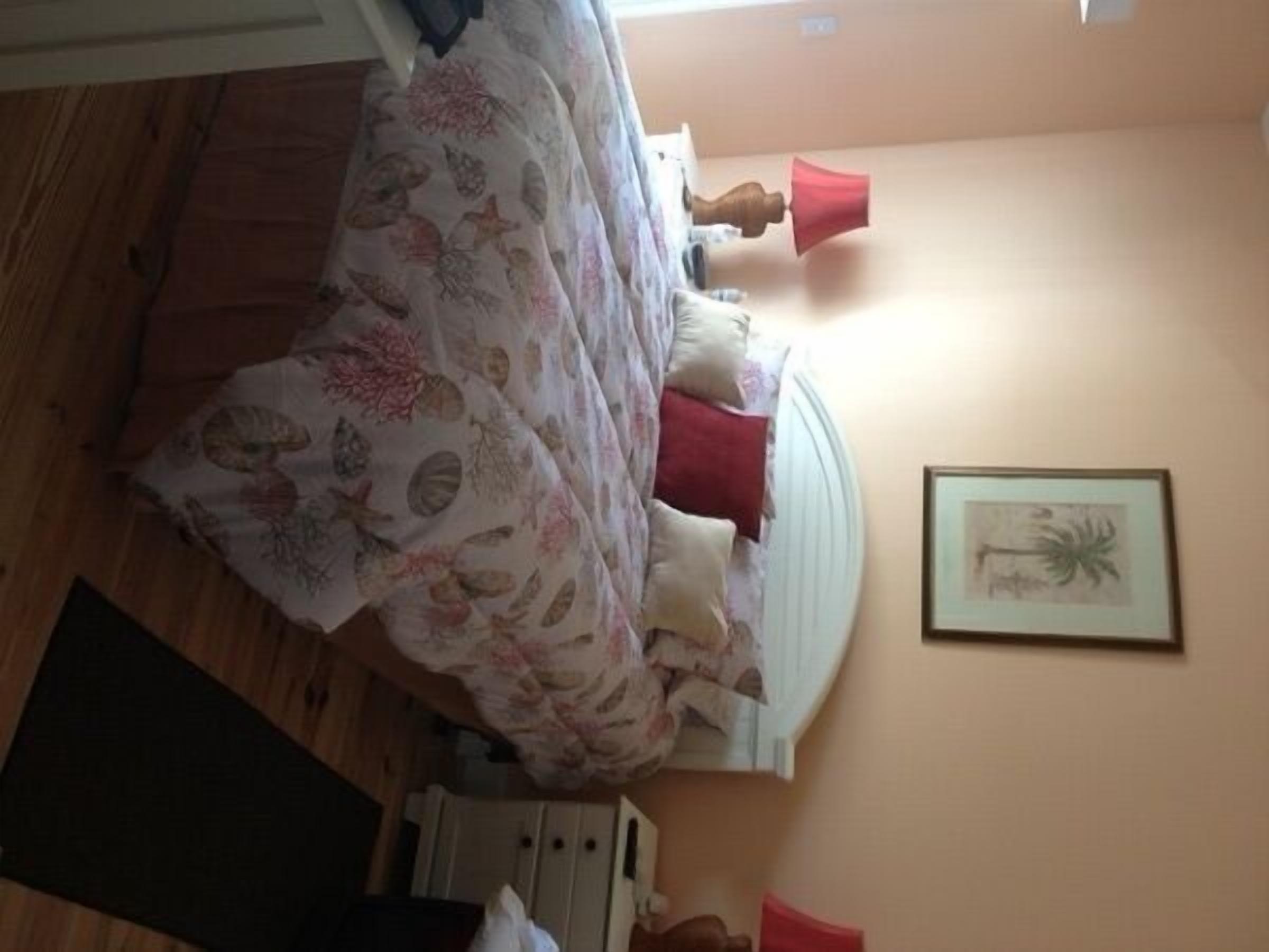 A bedroom with a bed, two nightstands, a night lamp, a framed picture on the wall, and a wooden floor.