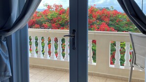 Une pièce dotée d’une porte-fenêtre coulissante donnant sur un balcon agrémenté d’une balustrade blanche et de plantes à fleurs rouges.