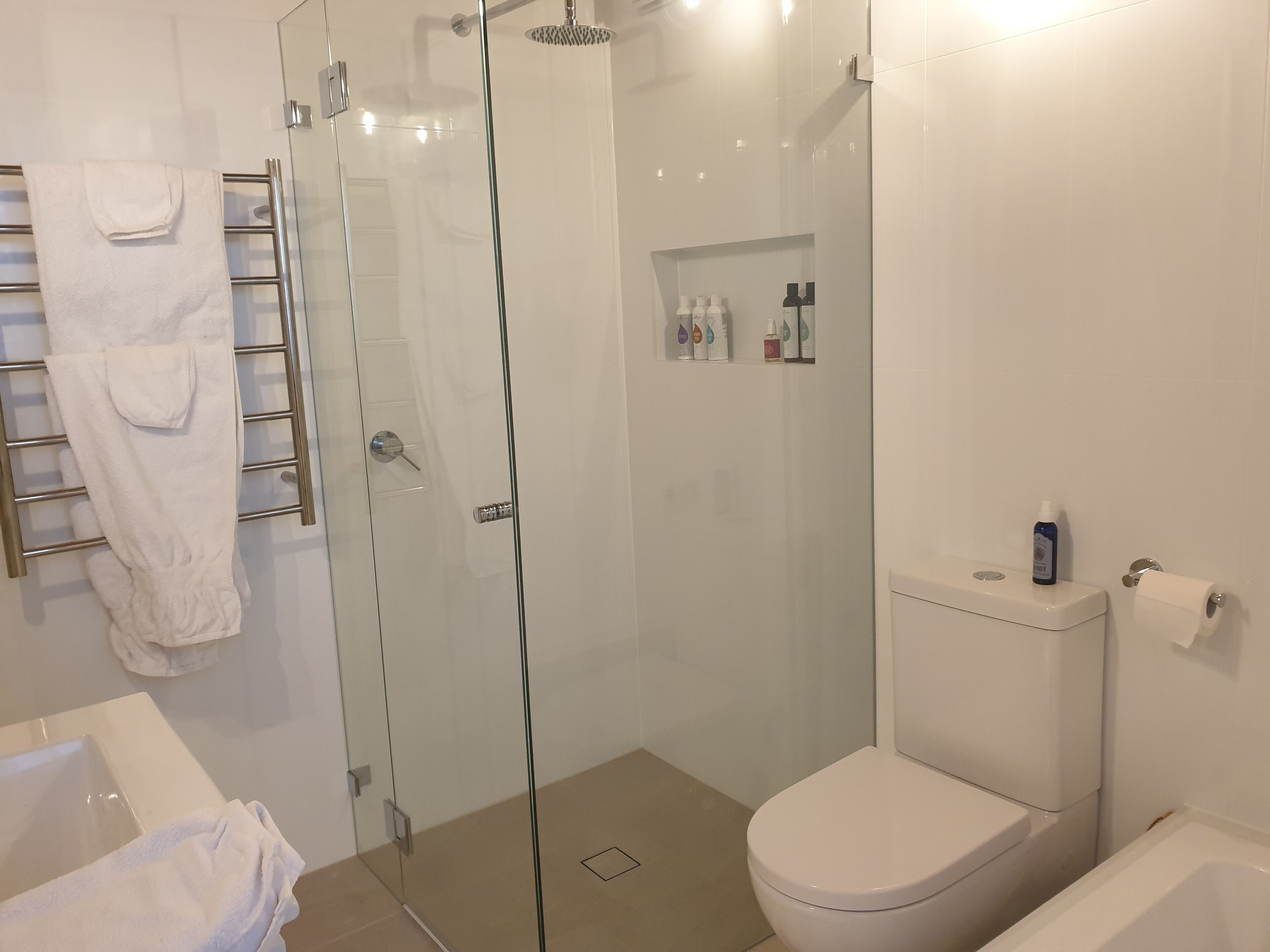 Combined shower/bathtub, jetted bath, hair dryer, towels
