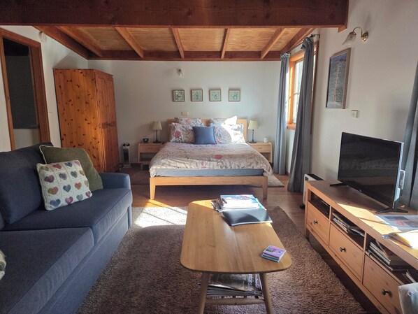 A bedroom with a bed, a wooden desk, a television, and a sofa.