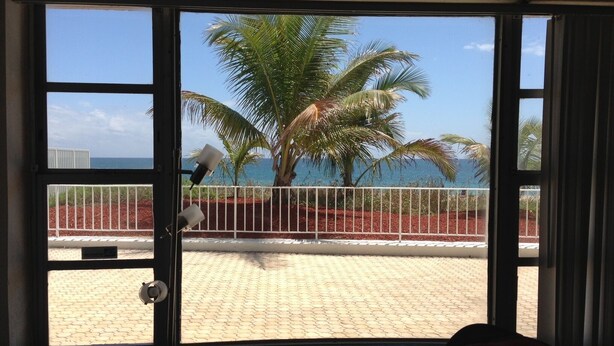 A room with a large window overlooking a beach with palm trees and the ocean. - Oceanfront!!! Clean and Cozy, Free Wi-Fi & calls to US and Canada (Lauderdale-by-the-Sea)
