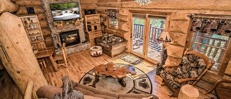 Televisión, chimenea, reproductor de DVD