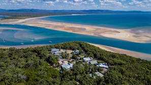 An aerial view of a coastal area with a beach, boats, and a residential area with houses.